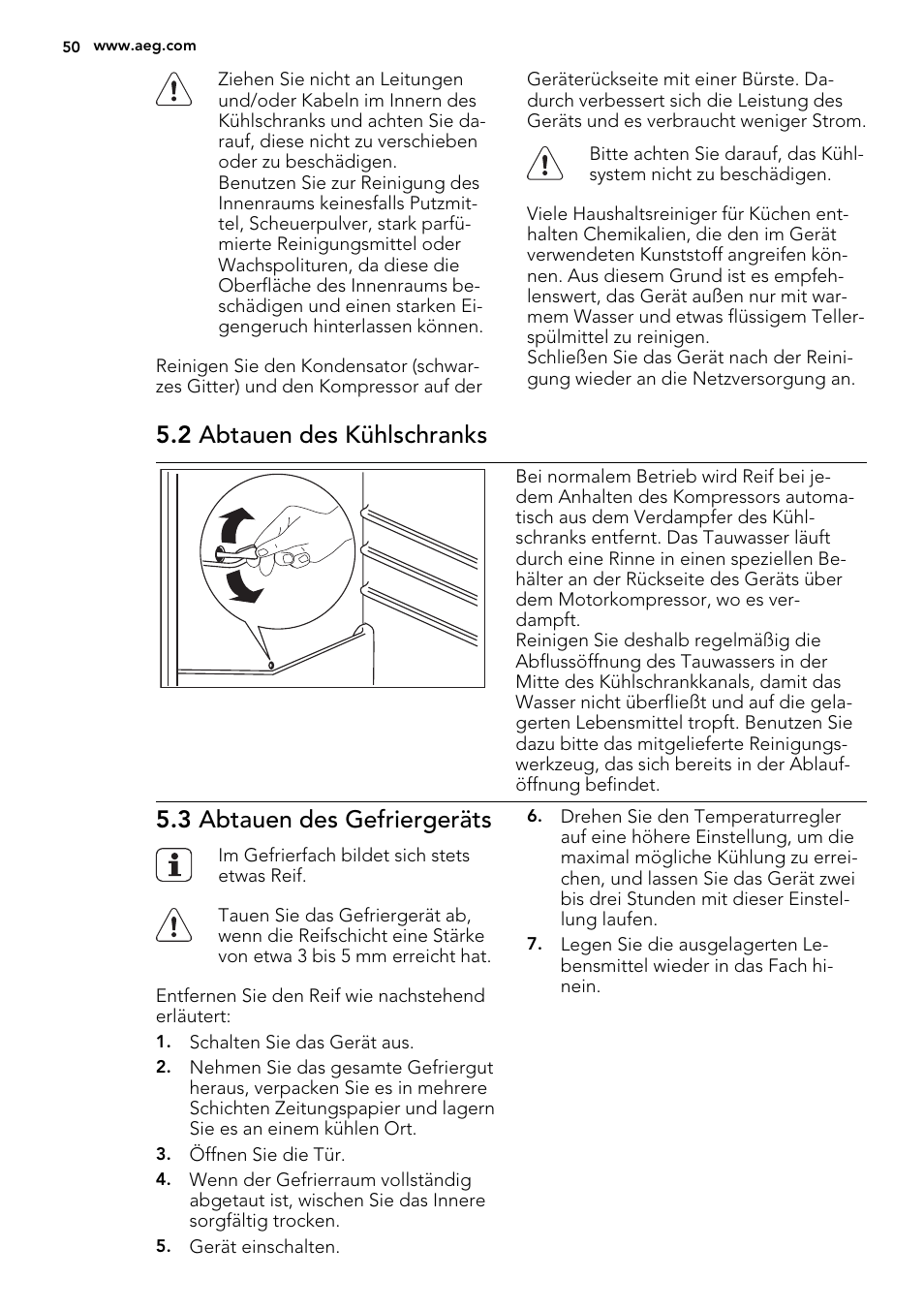 2 abtauen des kühlschranks, 3 abtauen des gefriergeräts | AEG SKS51240F0 User Manual | Page 50 / 56