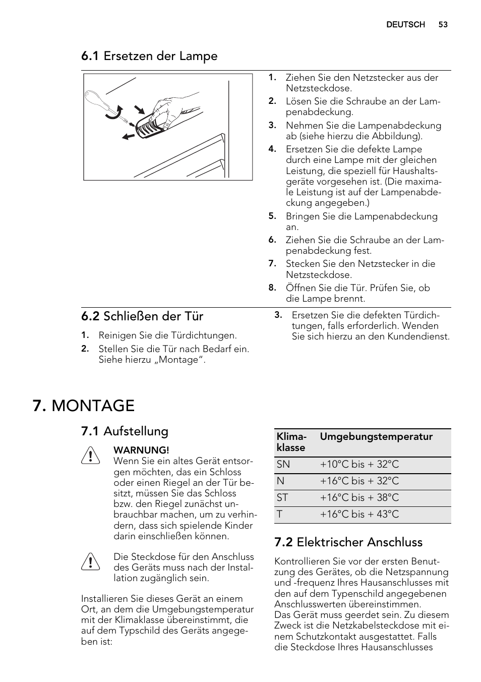 Montage, 1 ersetzen der lampe, 2 schließen der tür | 1 aufstellung, 2 elektrischer anschluss | AEG SKS51240F0 User Manual | Page 53 / 56