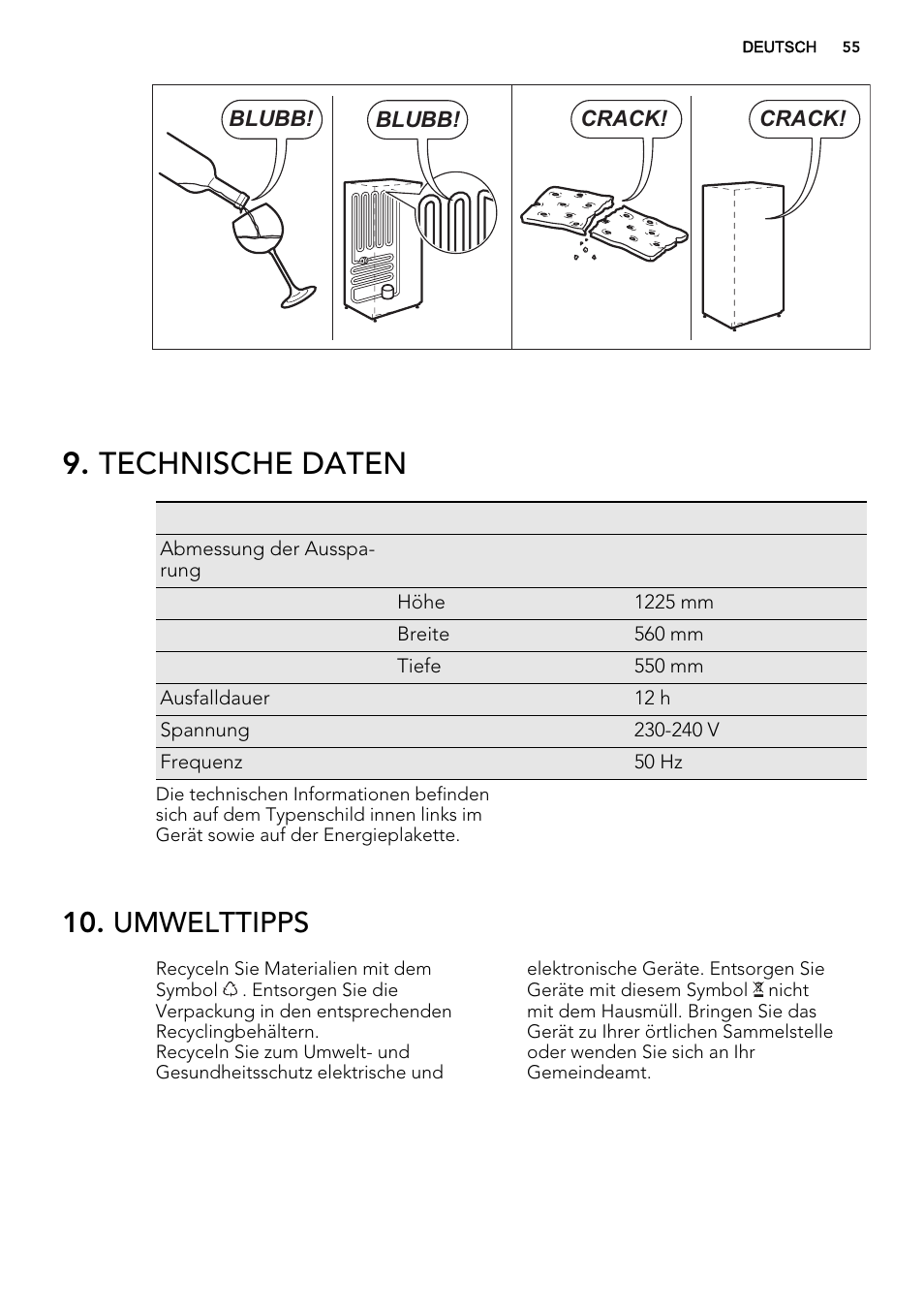 Technische daten, Umwelttipps | AEG SKS51240F0 User Manual | Page 55 / 56