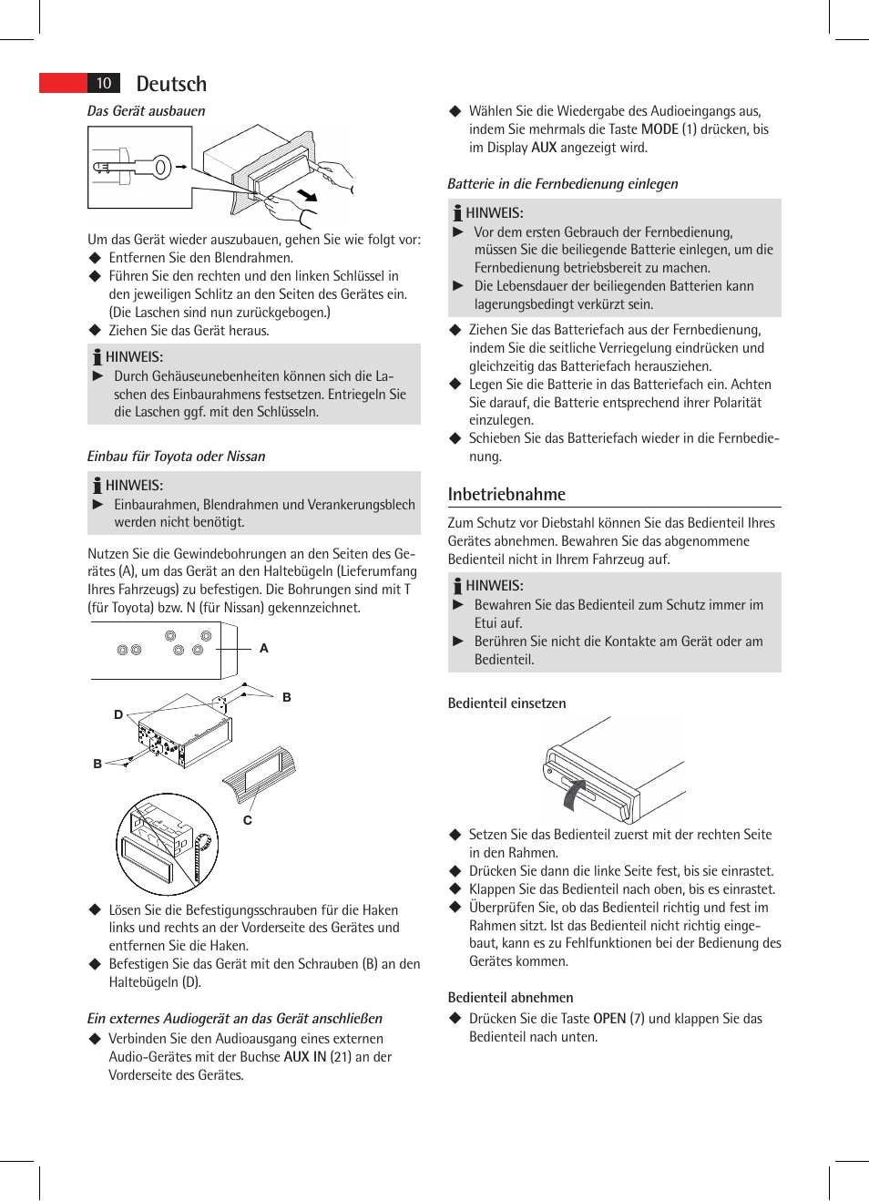 Deutsch, Inbetriebnahme | AEG AR 4025 BT User Manual | Page 10 / 102