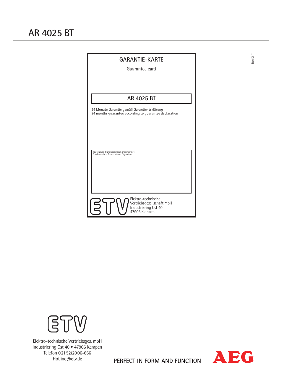 Ar 4025 bt, Garantie-karte | AEG AR 4025 BT User Manual | Page 102 / 102