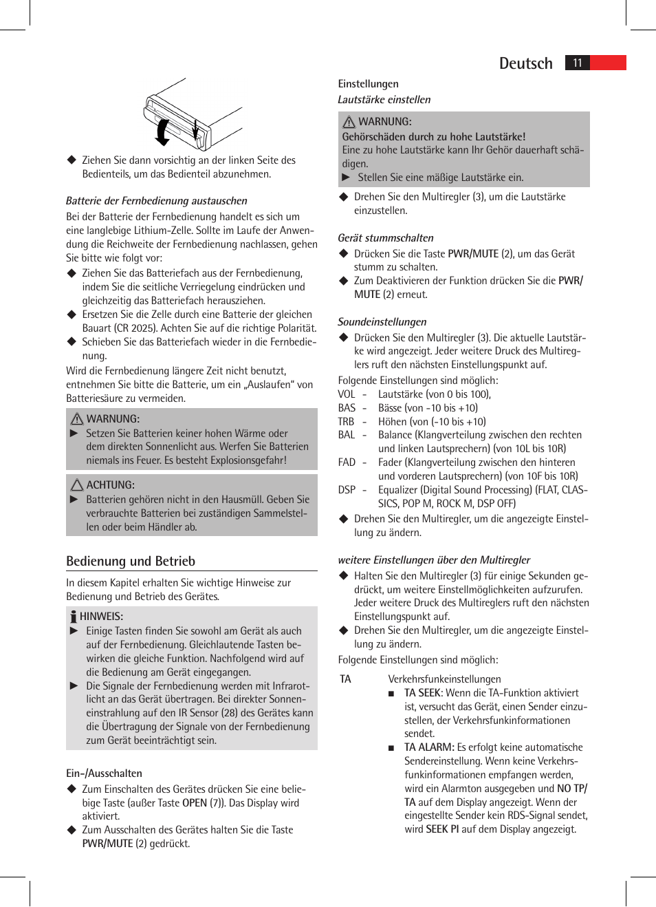 Deutsch, Bedienung und betrieb | AEG AR 4025 BT User Manual | Page 11 / 102