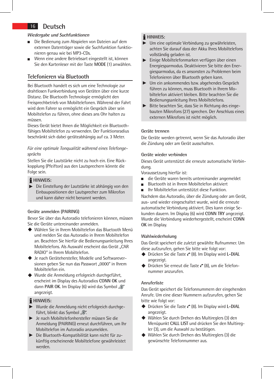 Deutsch, Telefonieren via bluetooth | AEG AR 4025 BT User Manual | Page 16 / 102