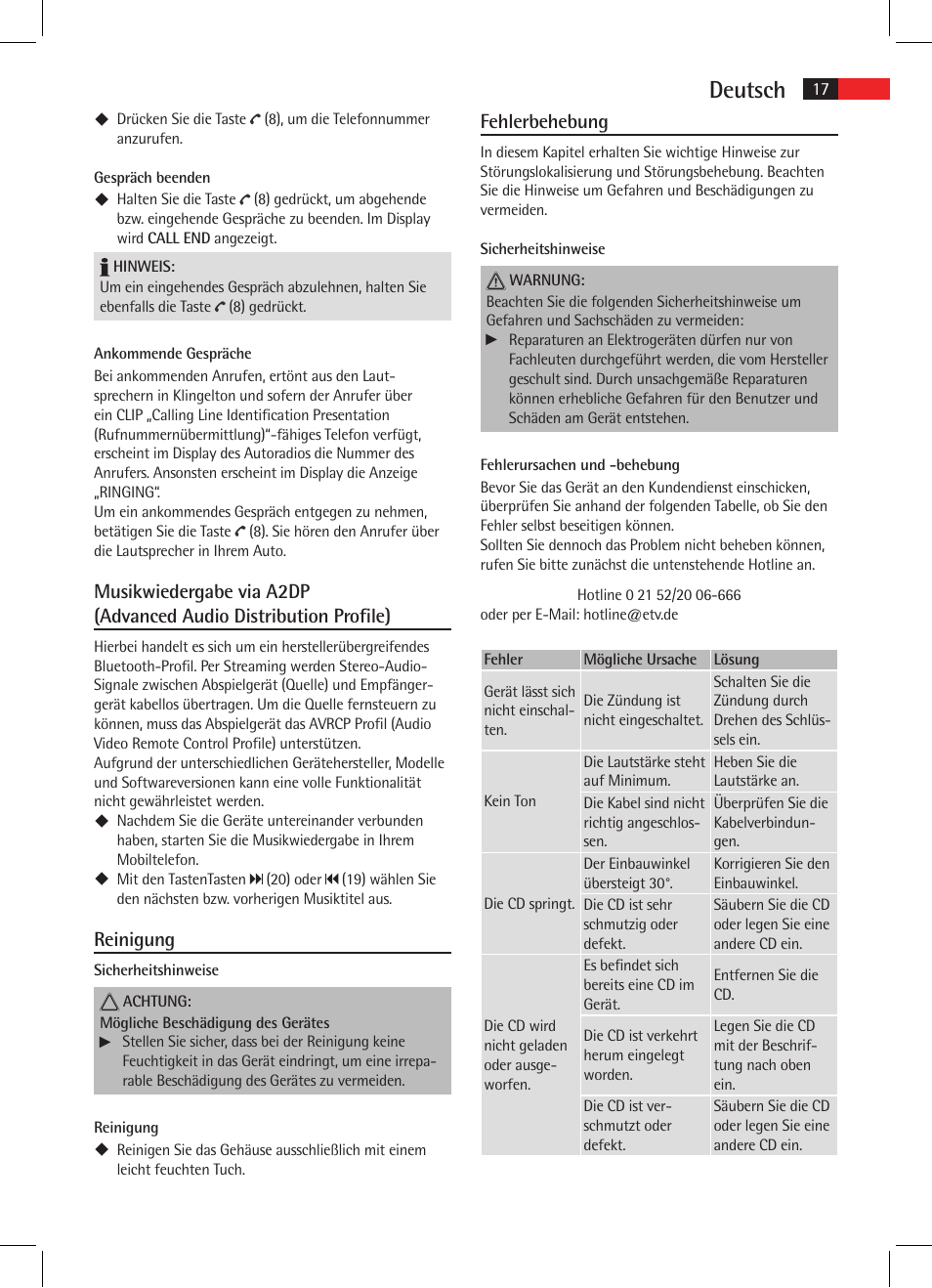 Deutsch, Reinigung, Fehlerbehebung | AEG AR 4025 BT User Manual | Page 17 / 102