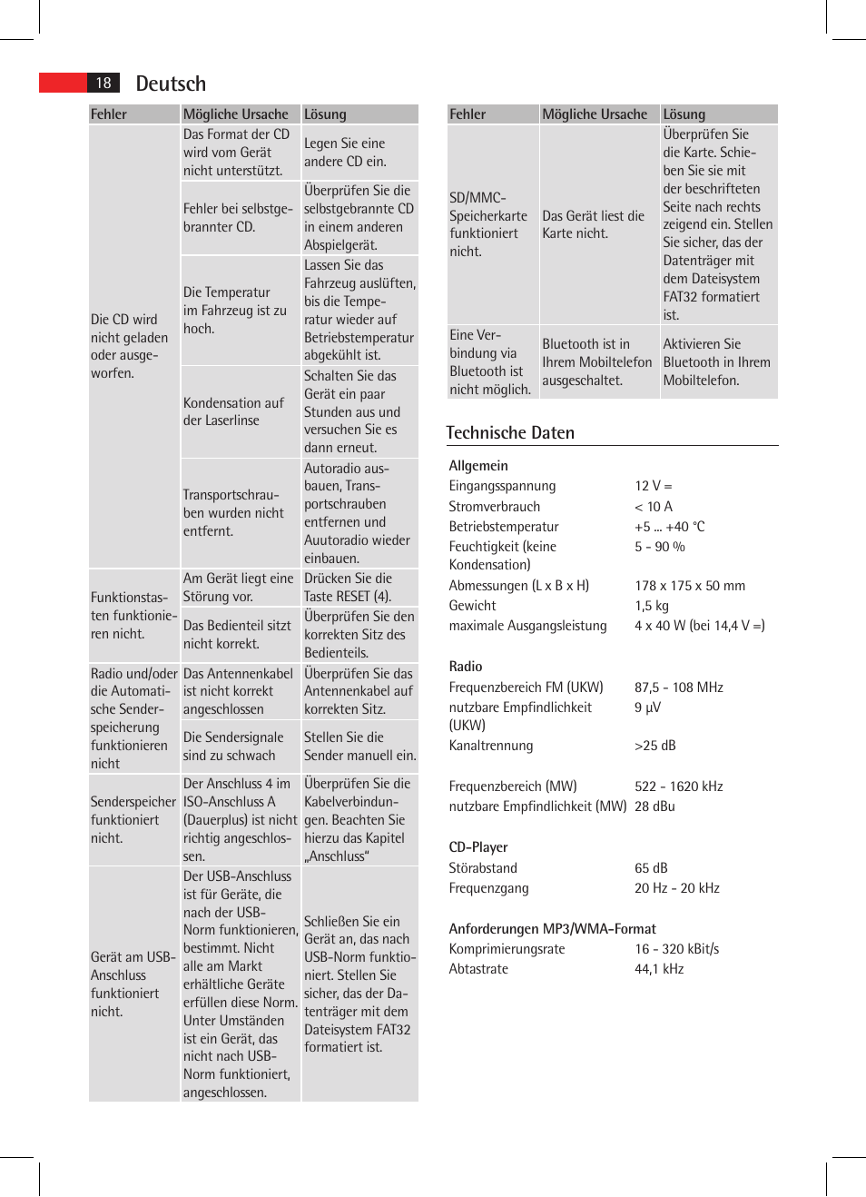 Deutsch, Technische daten | AEG AR 4025 BT User Manual | Page 18 / 102