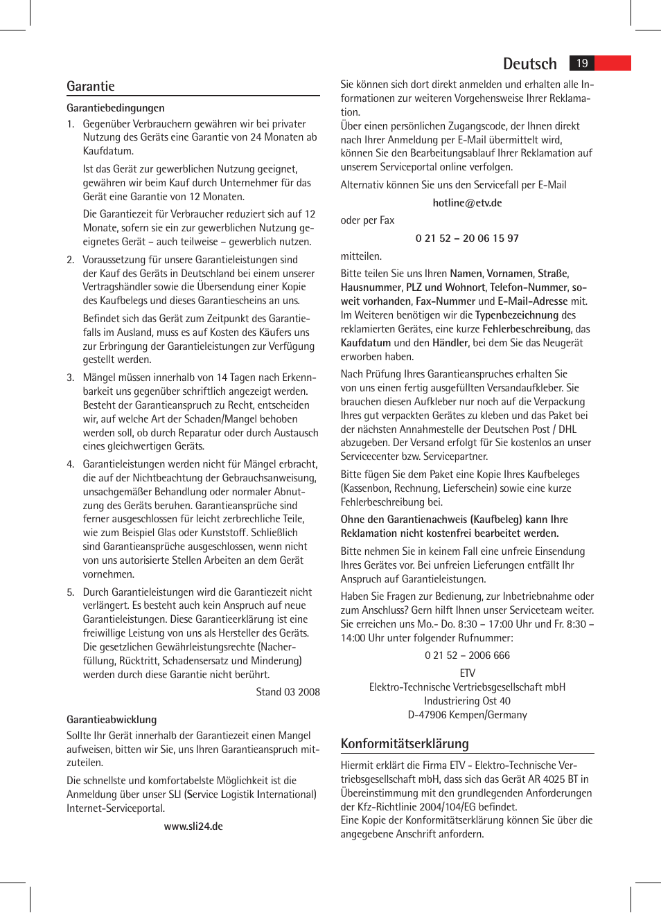 Deutsch, Garantie, Konformitätserklärung | AEG AR 4025 BT User Manual | Page 19 / 102