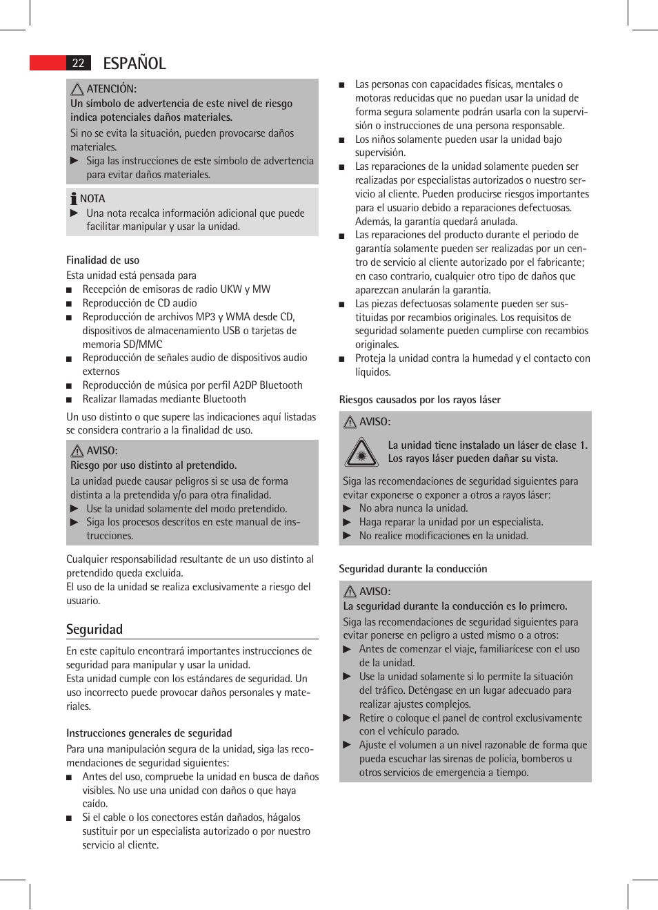 Español, Seguridad | AEG AR 4025 BT User Manual | Page 22 / 102