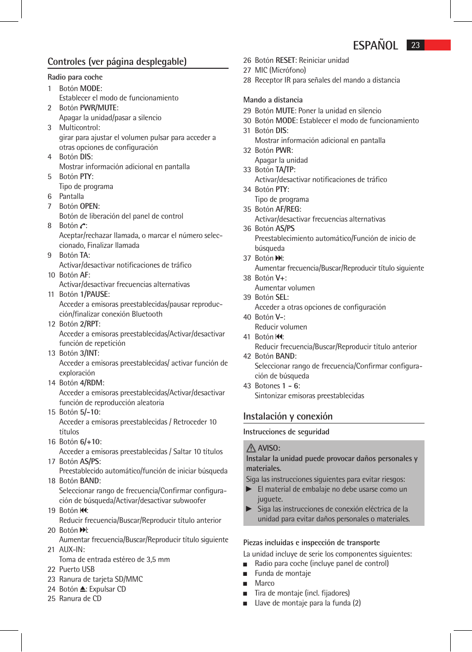 Español, Controles (ver página desplegable), Instalación y conexión | AEG AR 4025 BT User Manual | Page 23 / 102