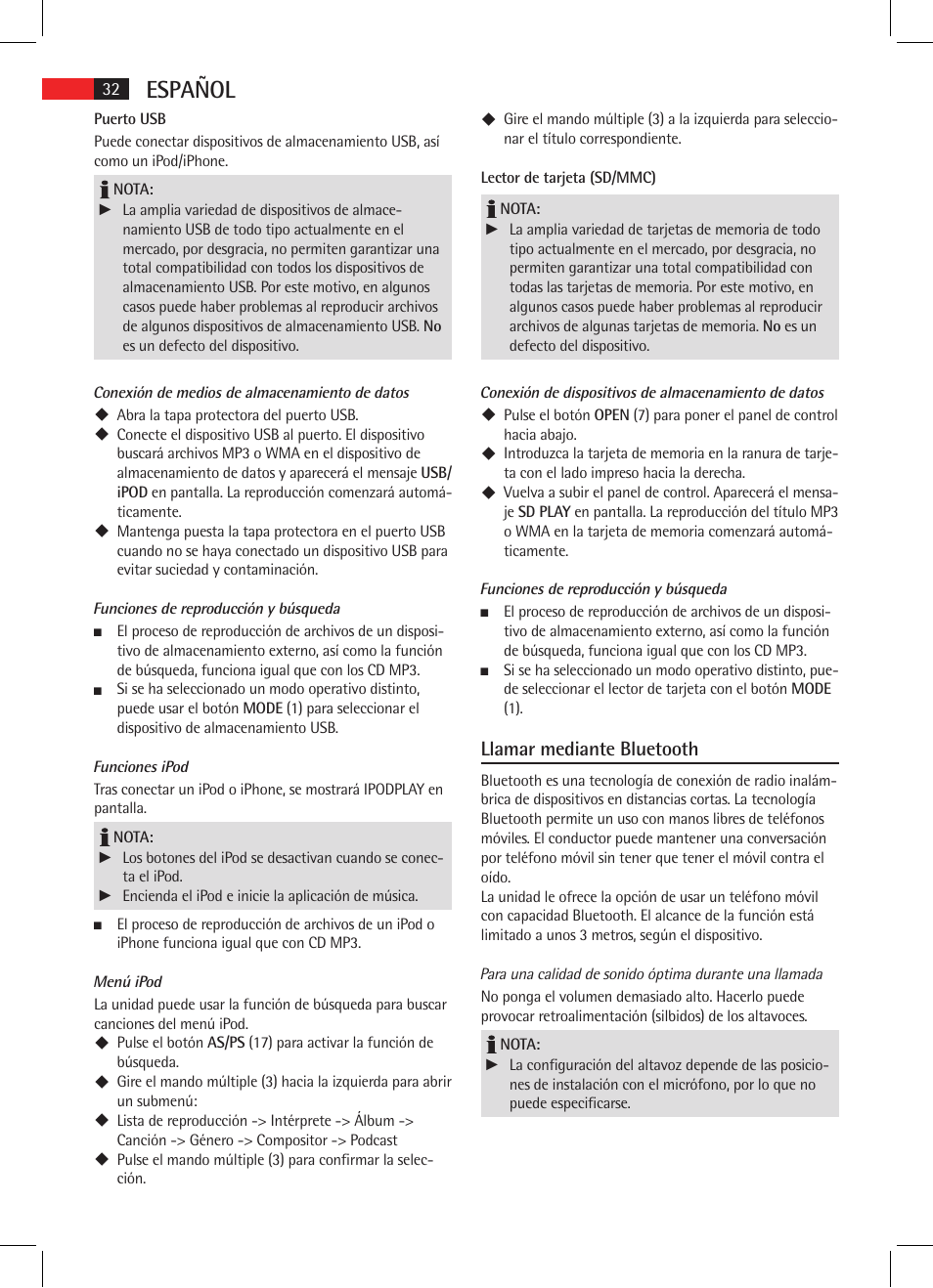 Español, Llamar mediante bluetooth | AEG AR 4025 BT User Manual | Page 32 / 102