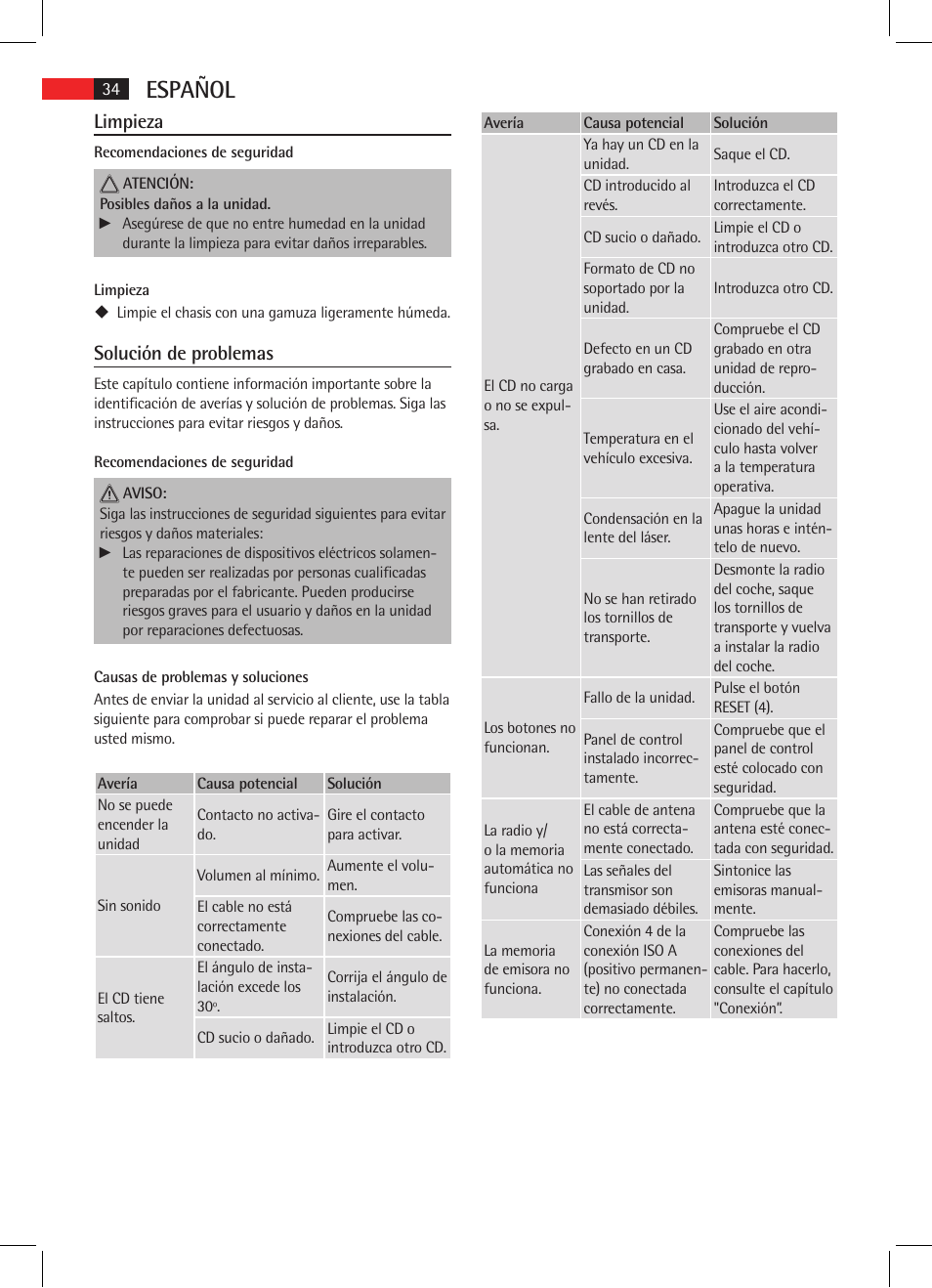 Español, Limpieza, Solución de problemas | AEG AR 4025 BT User Manual | Page 34 / 102