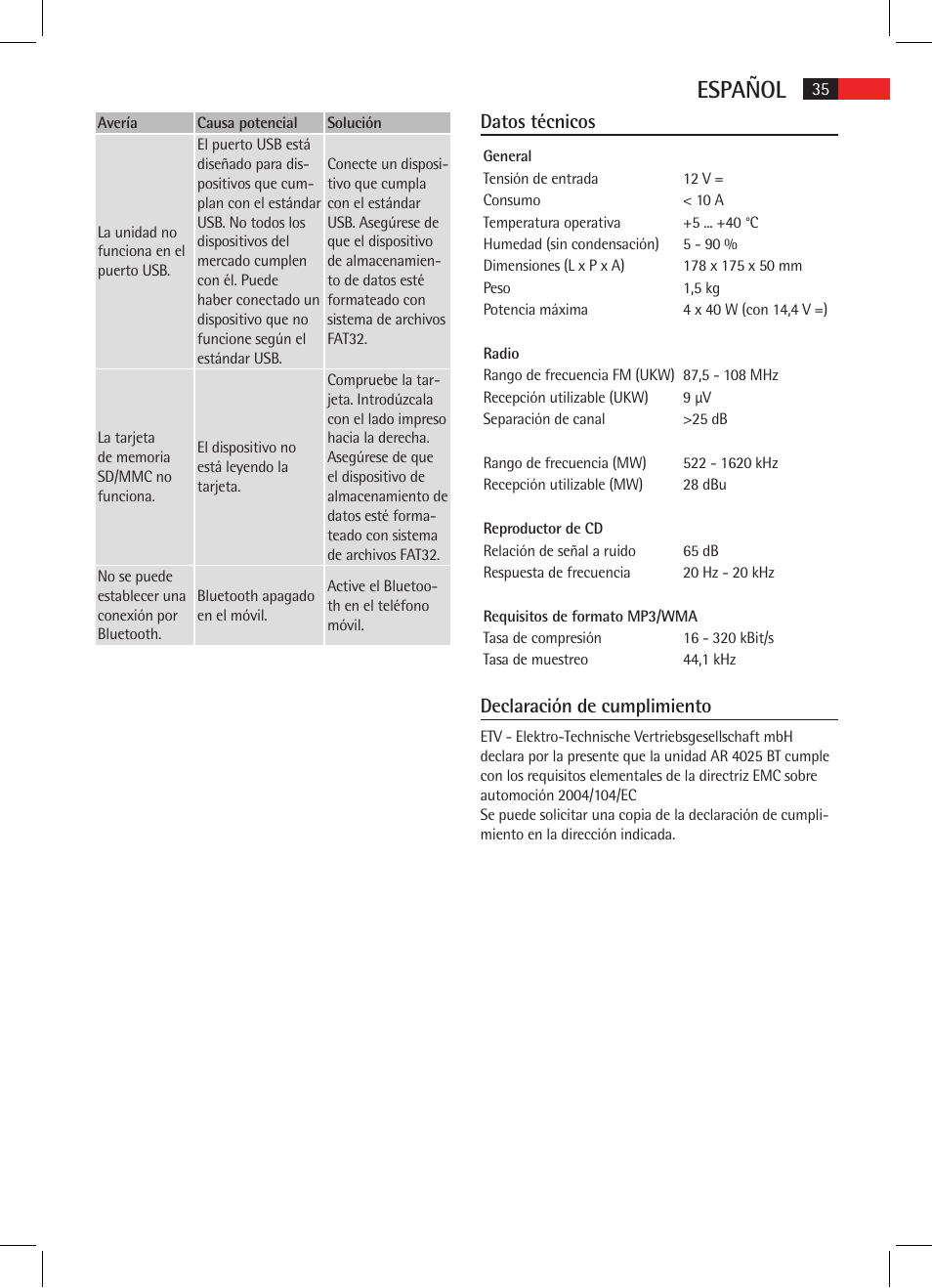 Español, Datos técnicos, Declaración de cumplimiento | AEG AR 4025 BT User Manual | Page 35 / 102