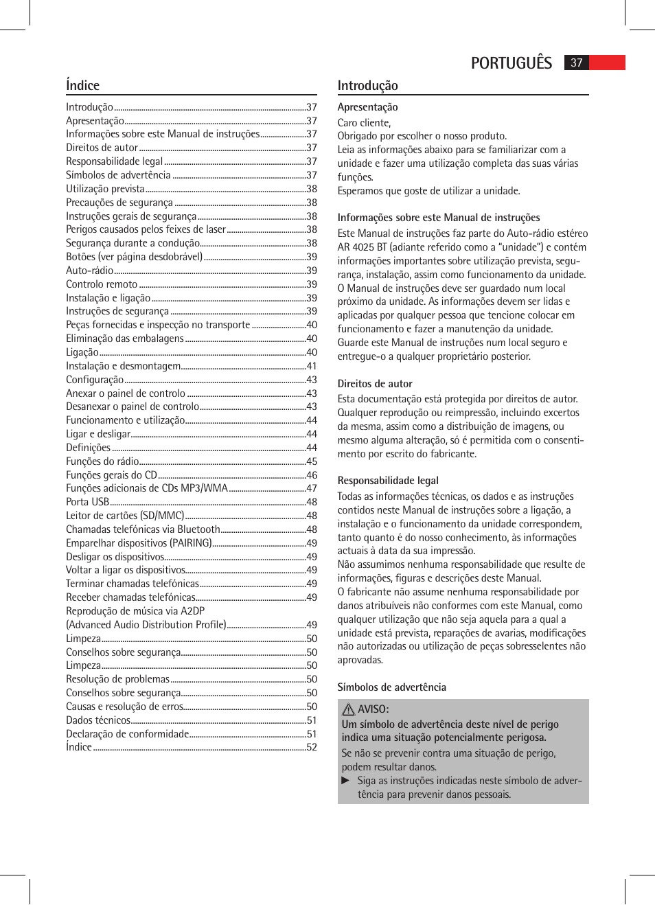 Português, Índice, Introdução | AEG AR 4025 BT User Manual | Page 37 / 102