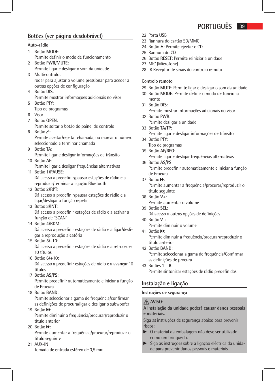 Português, Botões (ver página desdobrável), Instalação e ligação | AEG AR 4025 BT User Manual | Page 39 / 102