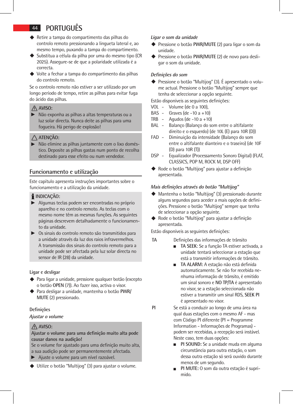 Português, Funcionamento e utilização | AEG AR 4025 BT User Manual | Page 44 / 102
