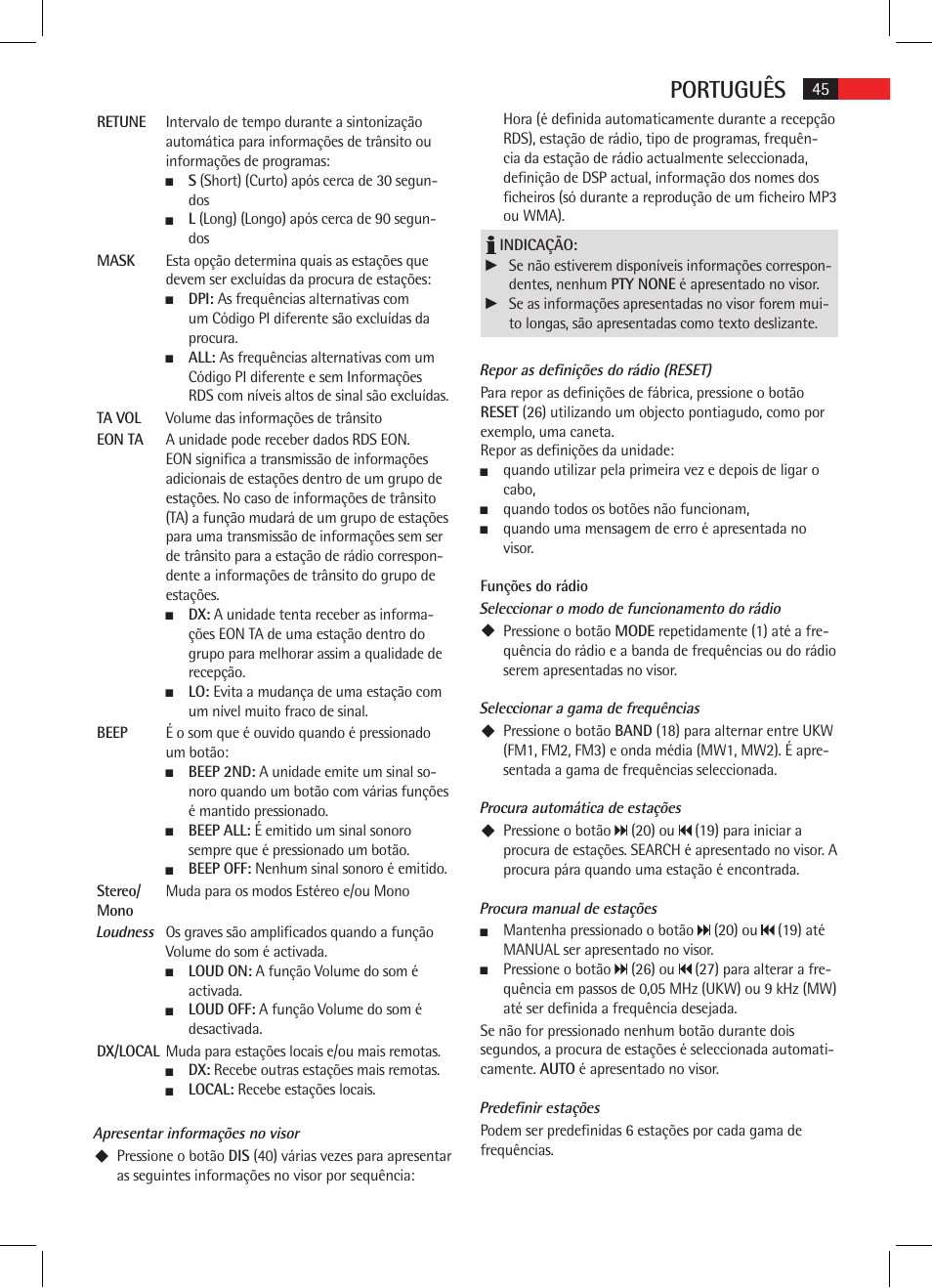 Português | AEG AR 4025 BT User Manual | Page 45 / 102