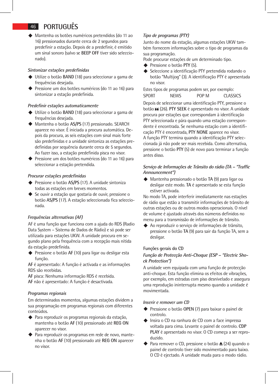 Português | AEG AR 4025 BT User Manual | Page 46 / 102