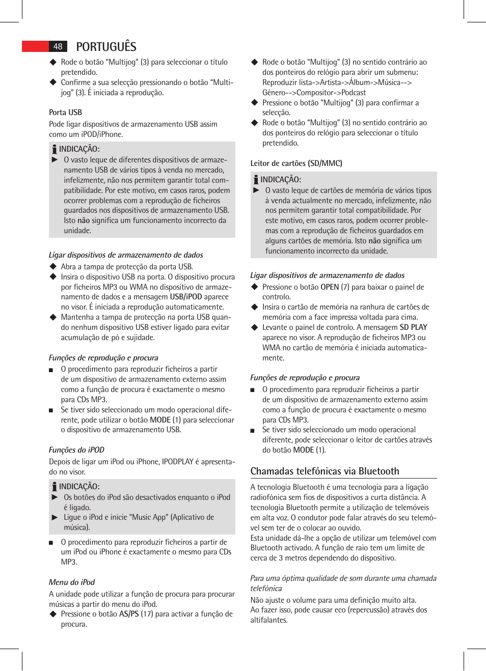 Português, Chamadas telefónicas via bluetooth | AEG AR 4025 BT User Manual | Page 48 / 102