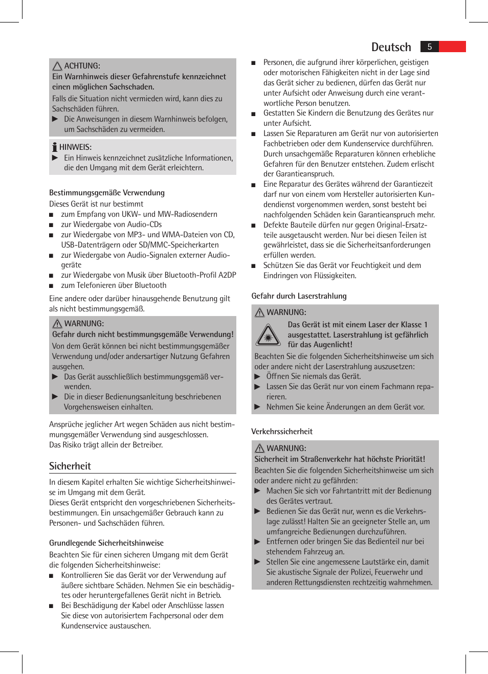 Deutsch, Sicherheit | AEG AR 4025 BT User Manual | Page 5 / 102