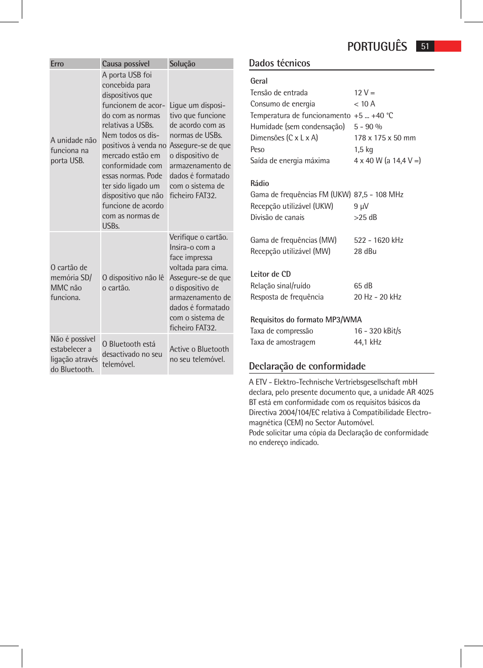 Português, Dados técnicos, Declaração de conformidade | AEG AR 4025 BT User Manual | Page 51 / 102