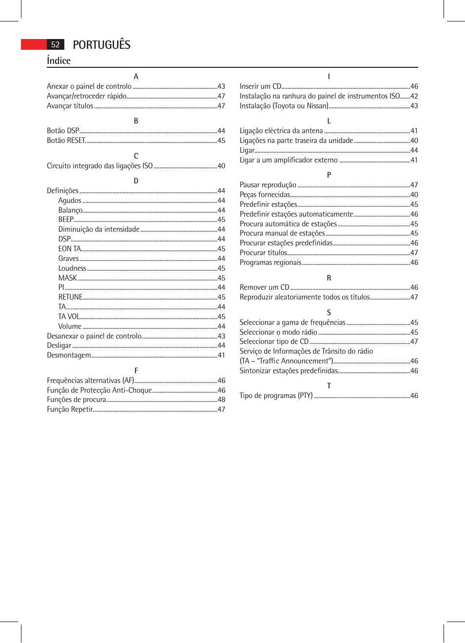 Português, Índice | AEG AR 4025 BT User Manual | Page 52 / 102
