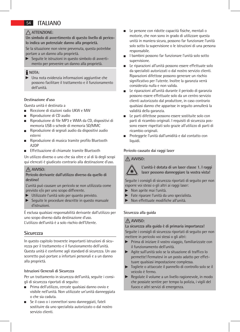 Italiano, Sicurezza | AEG AR 4025 BT User Manual | Page 54 / 102