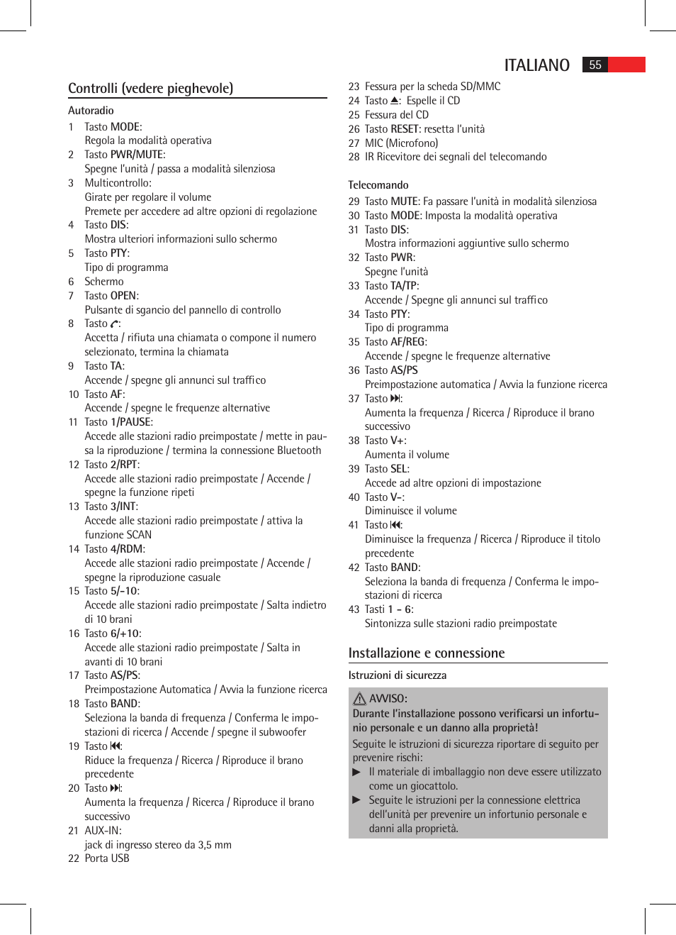 Italiano, Controlli (vedere pieghevole), Installazione e connessione | AEG AR 4025 BT User Manual | Page 55 / 102