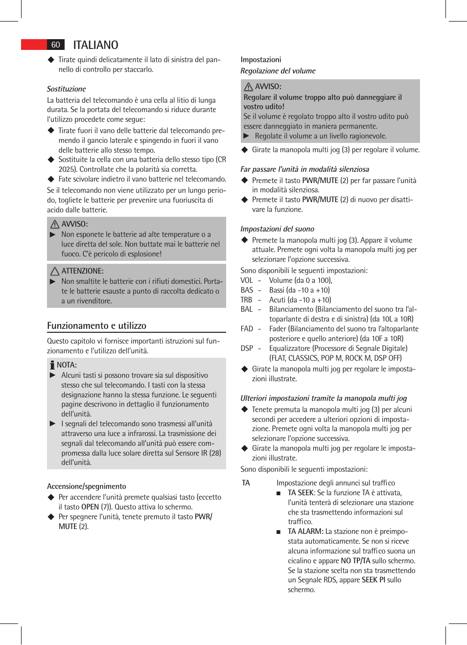 Italiano, Funzionamento e utilizzo | AEG AR 4025 BT User Manual | Page 60 / 102