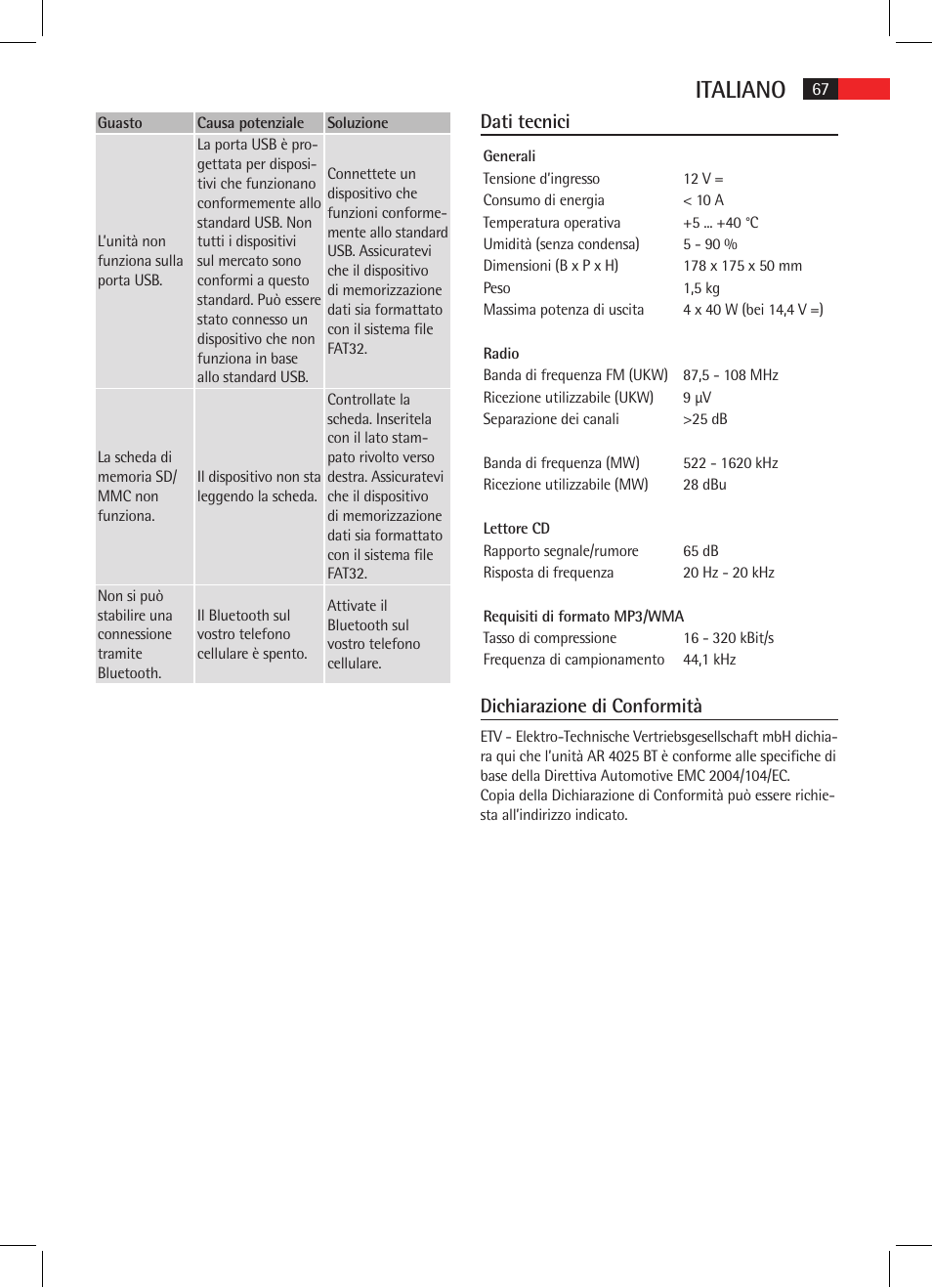 Italiano, Dati tecnici, Dichiarazione di conformità | AEG AR 4025 BT User Manual | Page 67 / 102