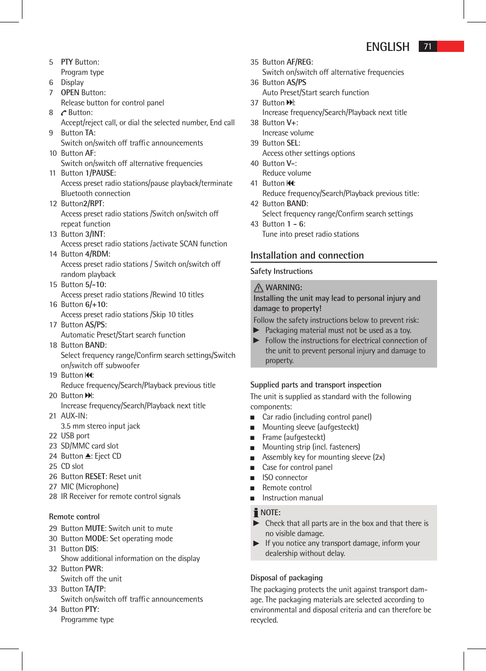 English, Installation and connection | AEG AR 4025 BT User Manual | Page 71 / 102