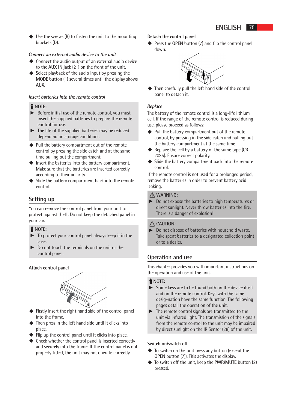 English, Setting up, Operation and use | AEG AR 4025 BT User Manual | Page 75 / 102