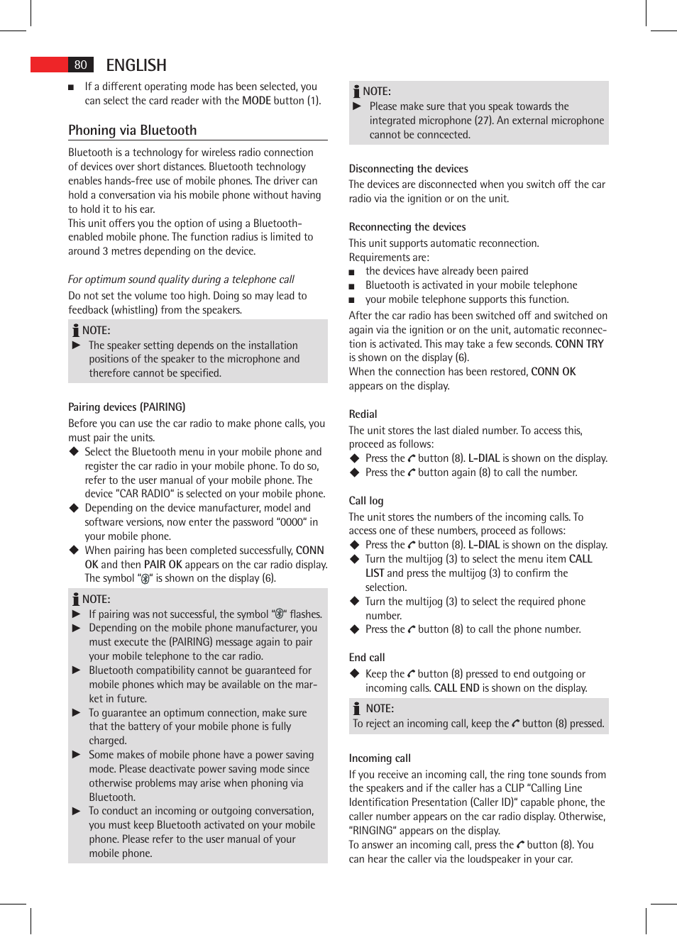 English, Phoning via bluetooth | AEG AR 4025 BT User Manual | Page 80 / 102