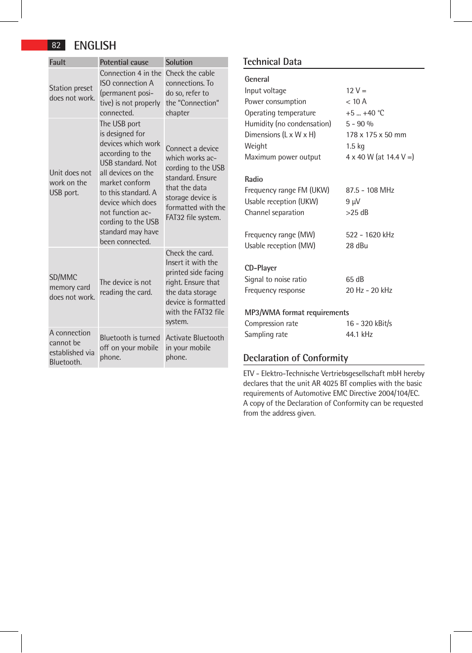 English, Technical data, Declaration of conformity | AEG AR 4025 BT User Manual | Page 82 / 102