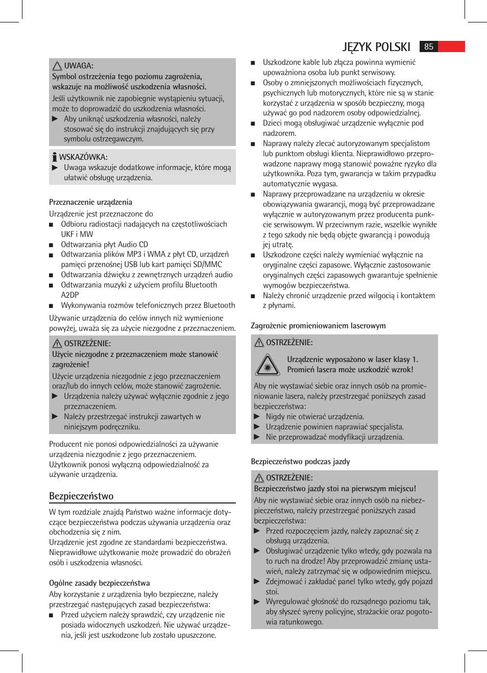 Język polski, Bezpieczeństwo | AEG AR 4025 BT User Manual | Page 85 / 102