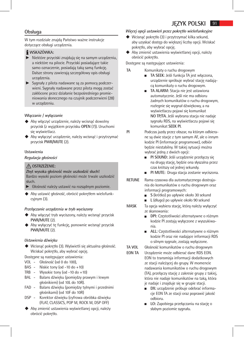 Język polski, Obsługa | AEG AR 4025 BT User Manual | Page 91 / 102