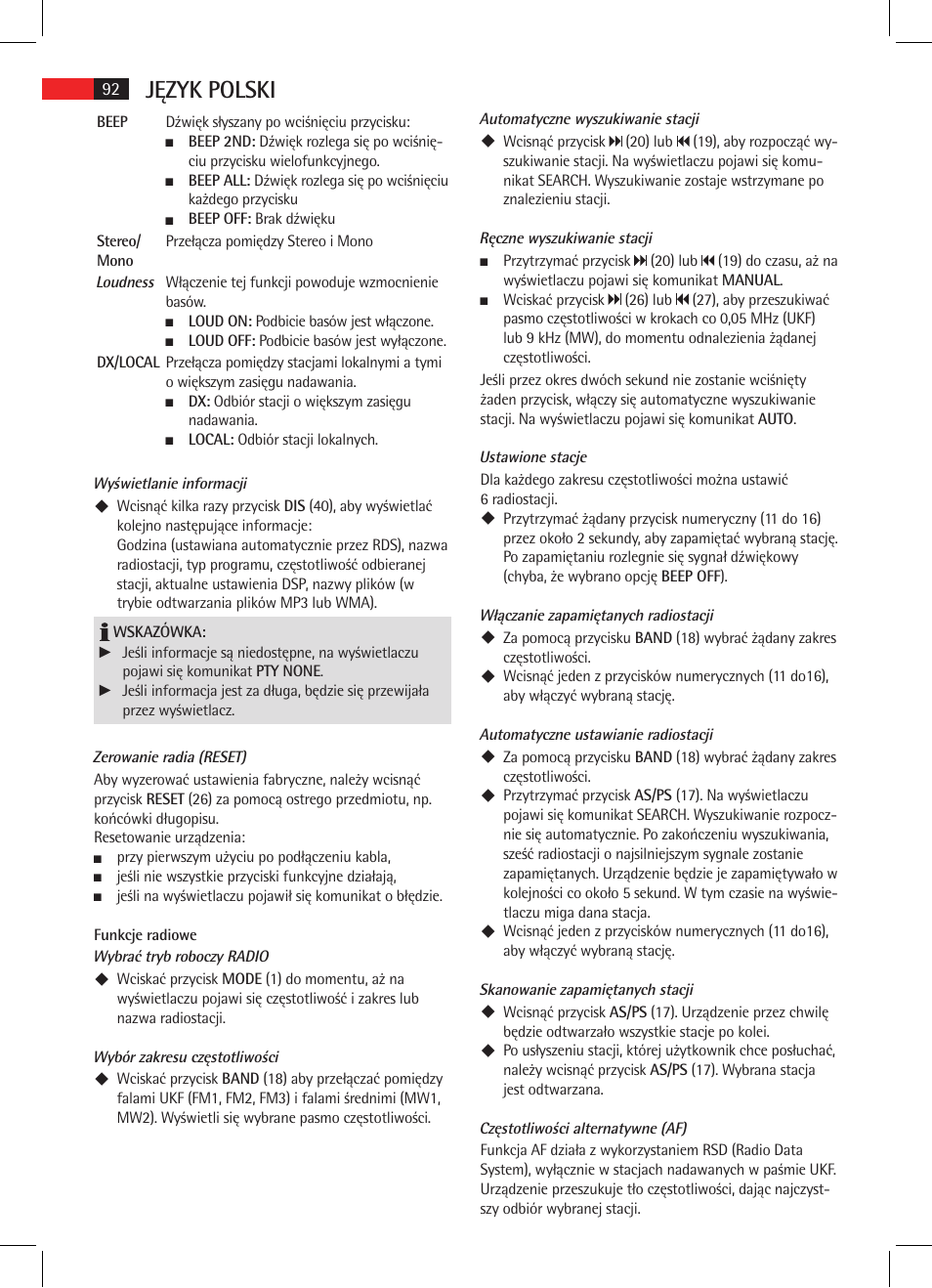 Język polski | AEG AR 4025 BT User Manual | Page 92 / 102