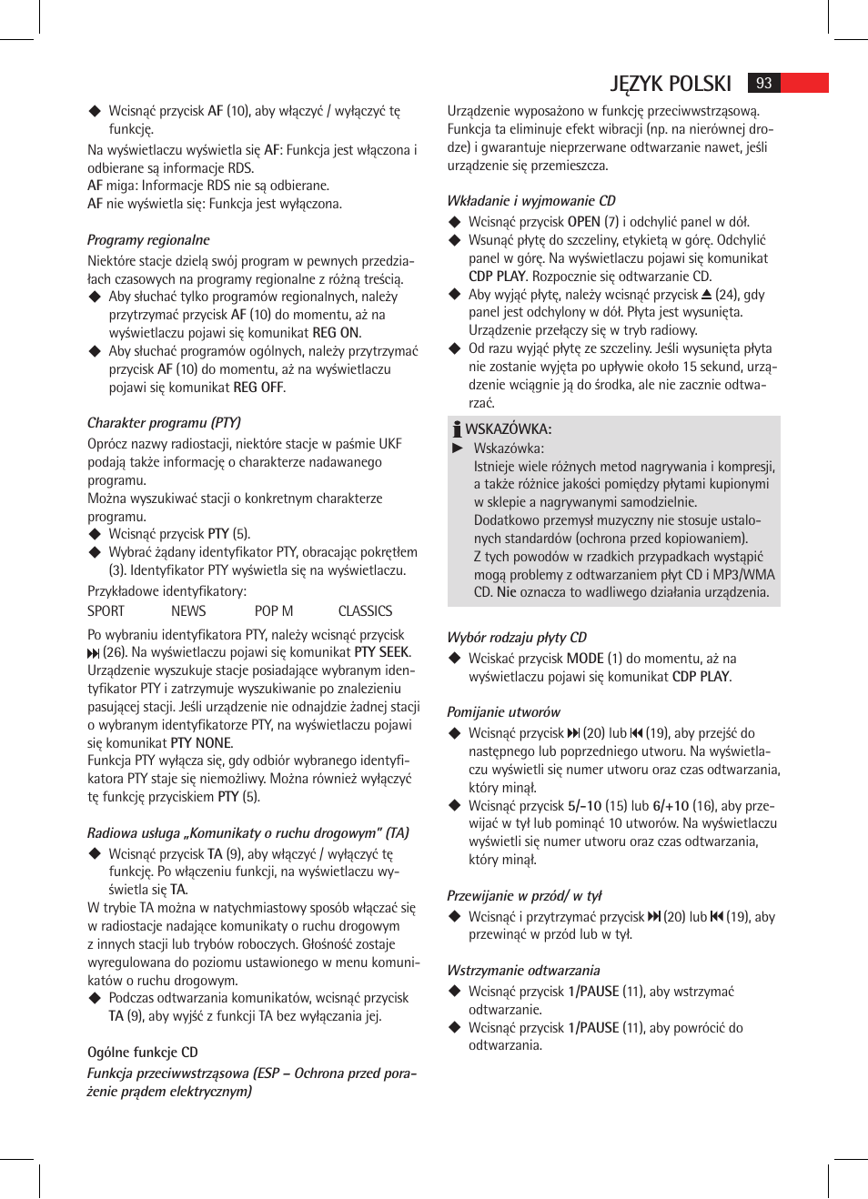 Język polski | AEG AR 4025 BT User Manual | Page 93 / 102