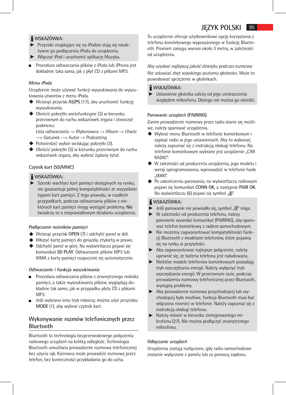 Język polski, Wykonywanie rozmów telefonicznych przez bluetooth | AEG AR 4025 BT User Manual | Page 95 / 102