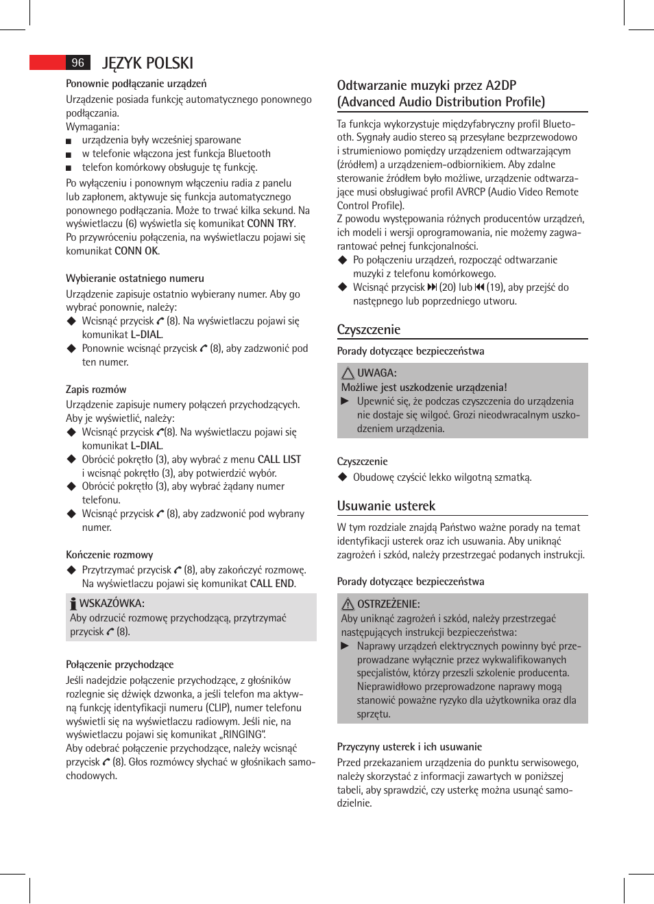 Język polski, Czyszczenie, Usuwanie usterek | AEG AR 4025 BT User Manual | Page 96 / 102