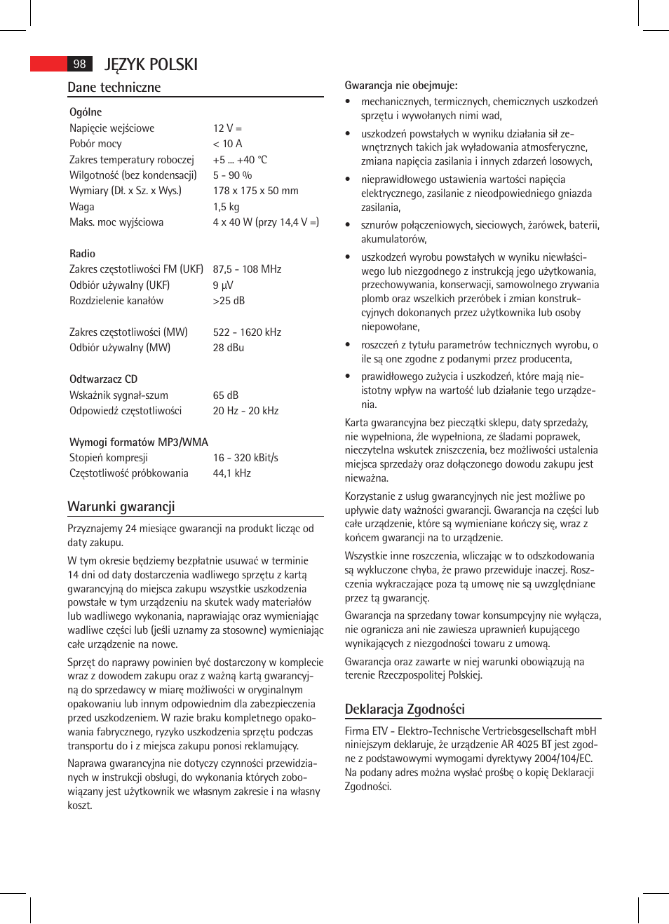 Język polski, Dane techniczne, Warunki gwarancji | Deklaracja zgodności | AEG AR 4025 BT User Manual | Page 98 / 102