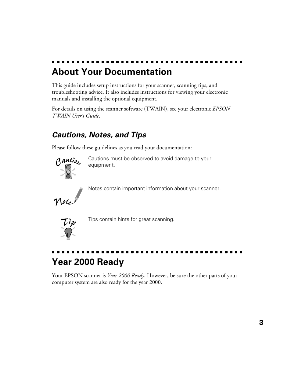 About your documentation, Cautions, notes, and tips, Year 2000 ready | Epson 1200S User Manual | Page 10 / 113