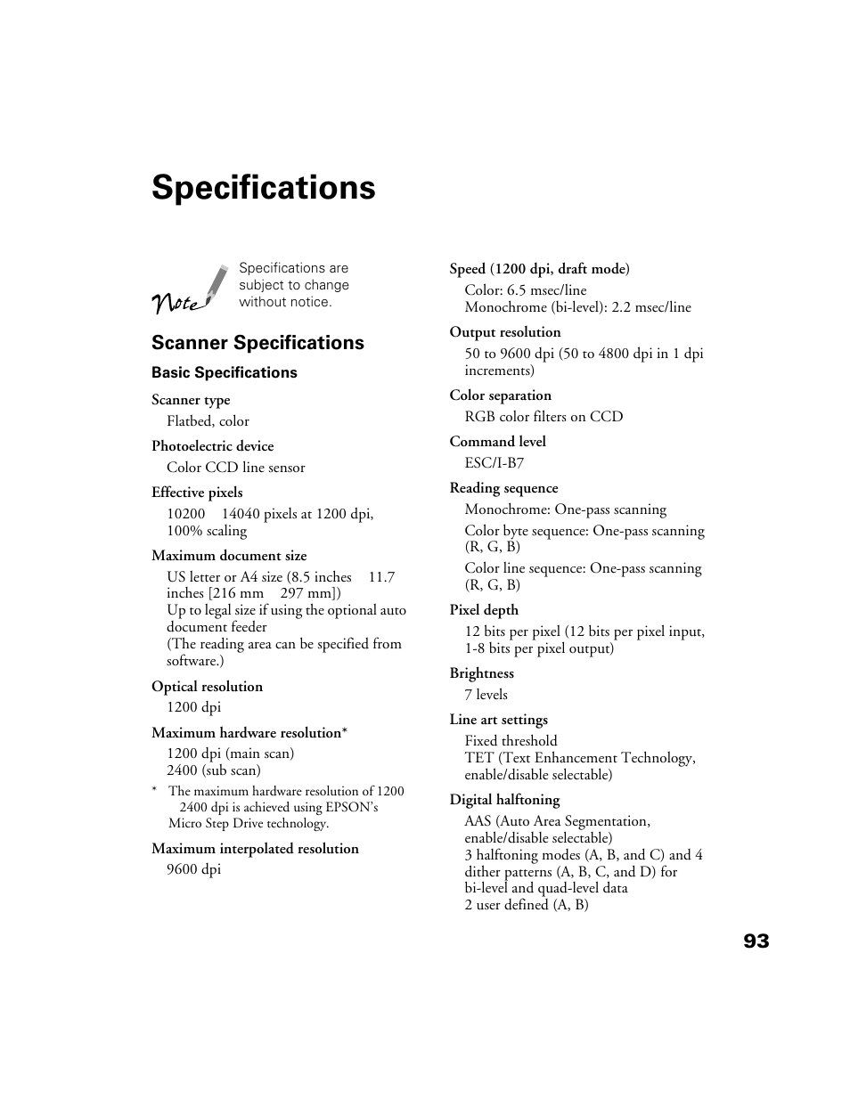 Specifications, Scanner specifications | Epson 1200S User Manual | Page 100 / 113