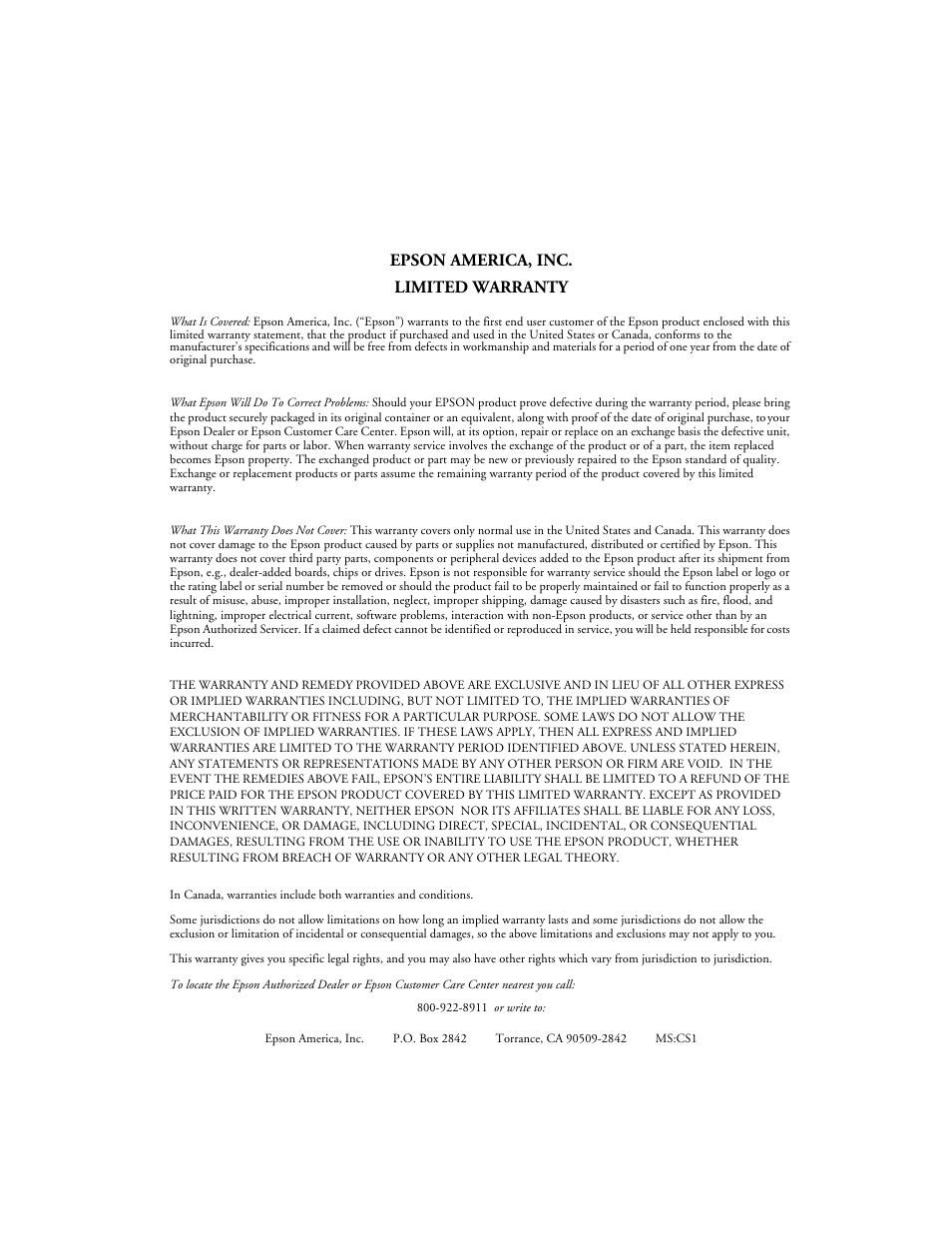 Epson america, inc. limited warranty | Epson 1200S User Manual | Page 113 / 113