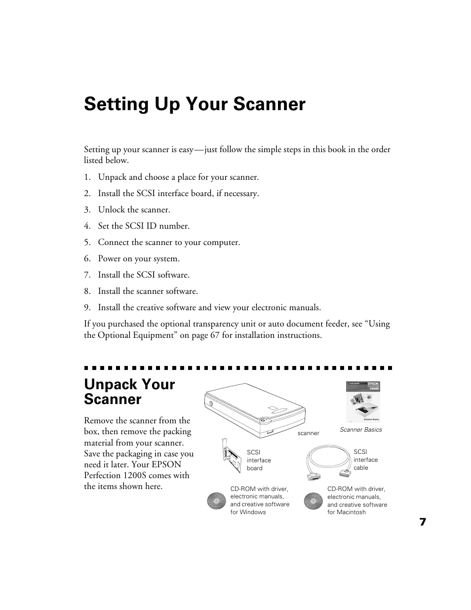 Setting up your scanner, Unpack your scanner | Epson 1200S User Manual | Page 14 / 113