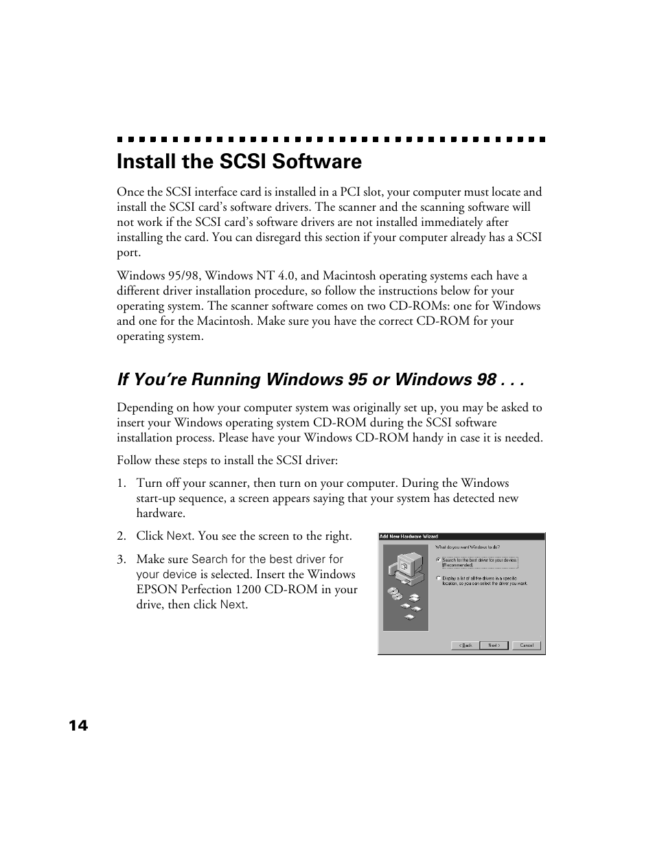 Install the scsi software, If you’re running windows 95 or windows 98, If youre running windows 95 or windows 98 | Epson 1200S User Manual | Page 21 / 113