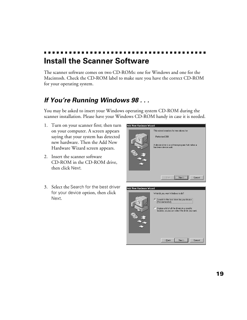 Install the scanner software, If you’re running windows 98, If youre running windows 98 | Epson 1200S User Manual | Page 26 / 113