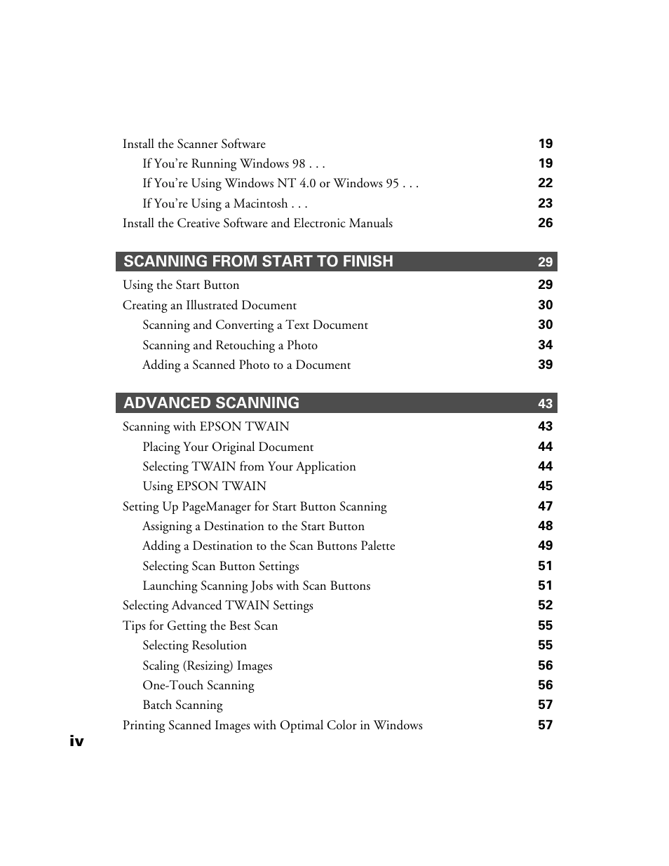 Scanning from start to finish, Advanced scanning | Epson 1200S User Manual | Page 5 / 113