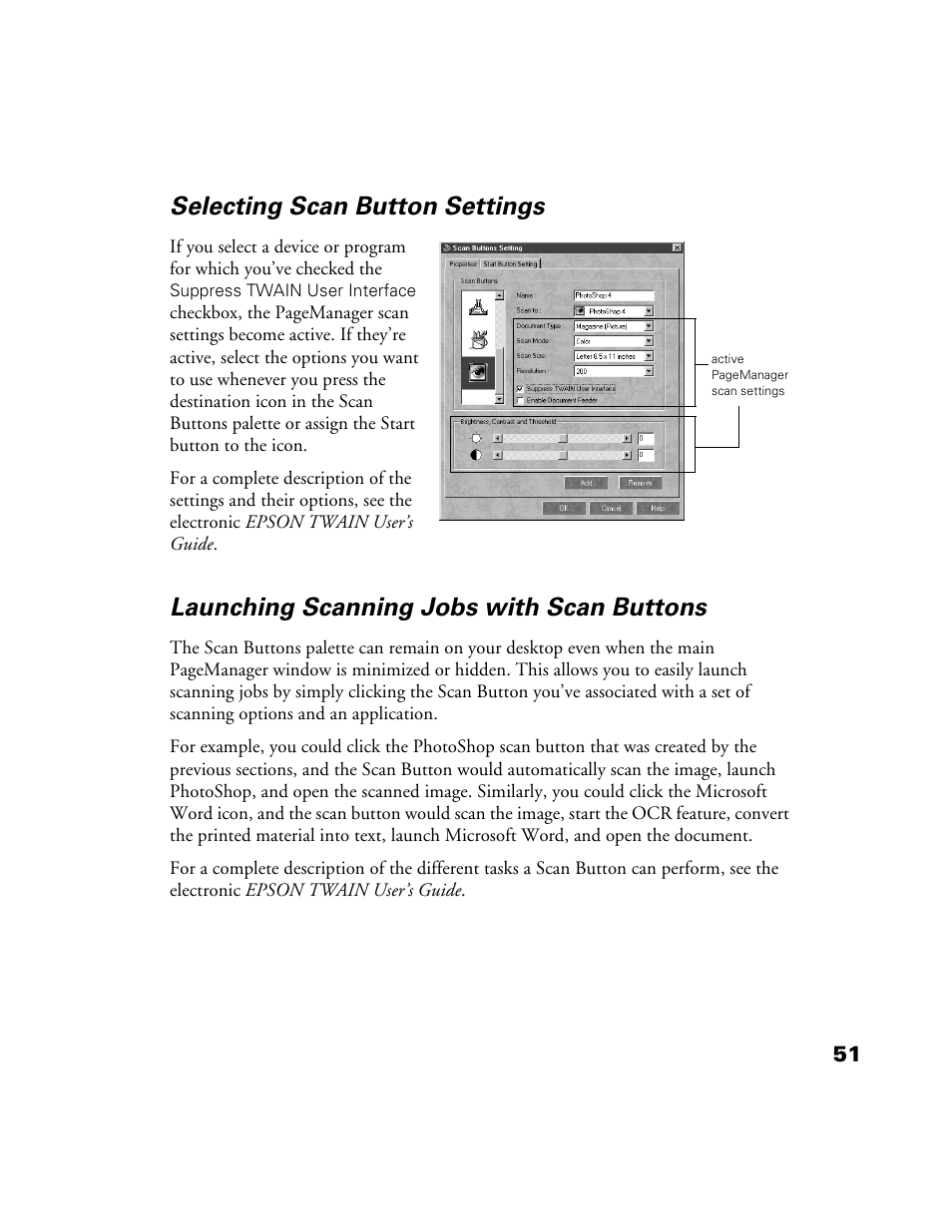 Selecting scan button settings, Launching scanning jobs with scan buttons | Epson 1200S User Manual | Page 58 / 113