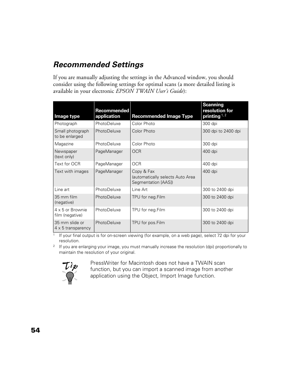 Recommended settings | Epson 1200S User Manual | Page 61 / 113