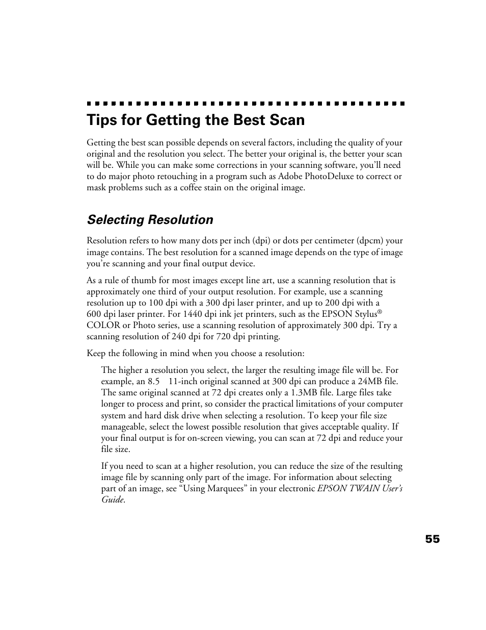 Tips for getting the best scan, Selecting resolution | Epson 1200S User Manual | Page 62 / 113