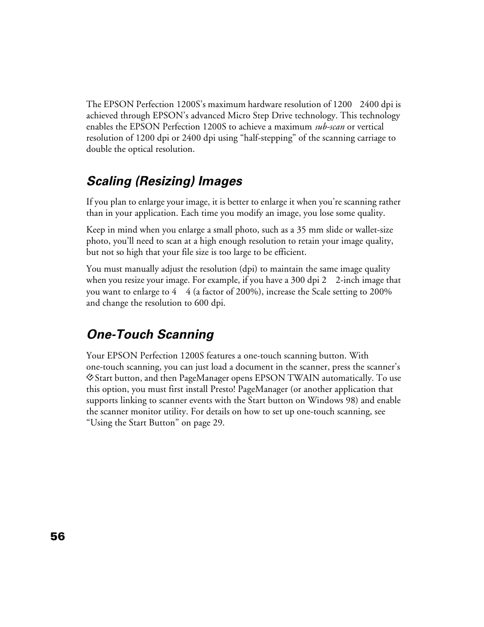 Scaling (resizing) images, One-touch scanning | Epson 1200S User Manual | Page 63 / 113